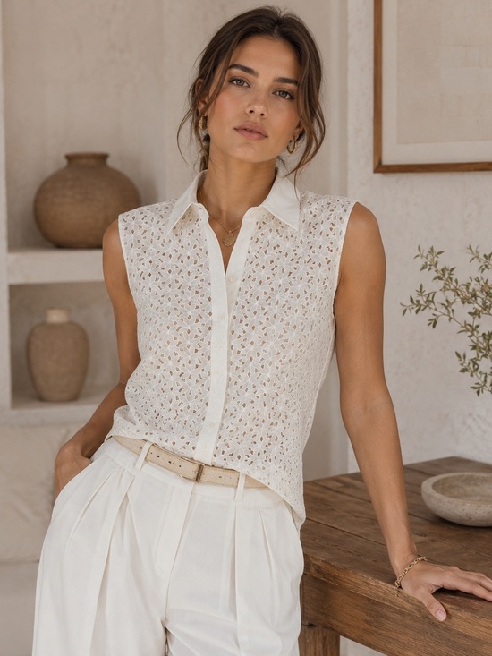 Theory Tops - Theory Cotton Silk Eyelet Lace Dainty Sleeveless Button Front Blouse White M